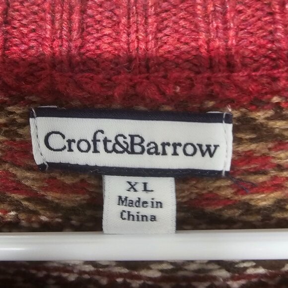 Croft & Barrow Red Cardinal Fair Isle Cardigan Zip Preppy Collegiate XL - Picture 11 of 13